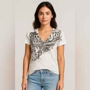 Throwdown Womens Premium Graphic T-Shirt Top White Black Tattoo Print Medium Y2K